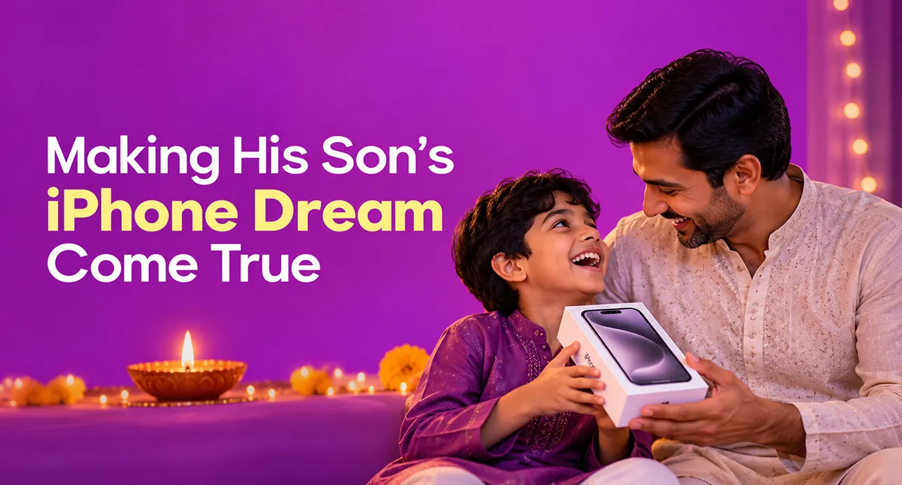 Father and son celebrating Diwali with a new iPhone